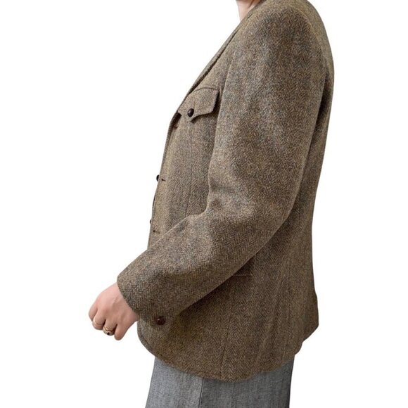 Vintage Harris Tweed Blue Brown Wool Chevron Woven in Scotland Sport Coat Blazer - Picture 3 of 11